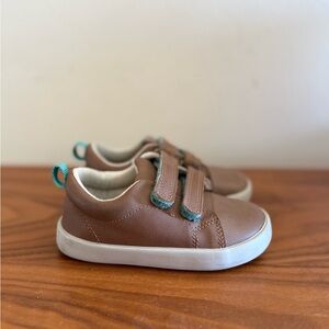 Ten little Kids Brown Leather Casual Sneakers with Aqua Accent